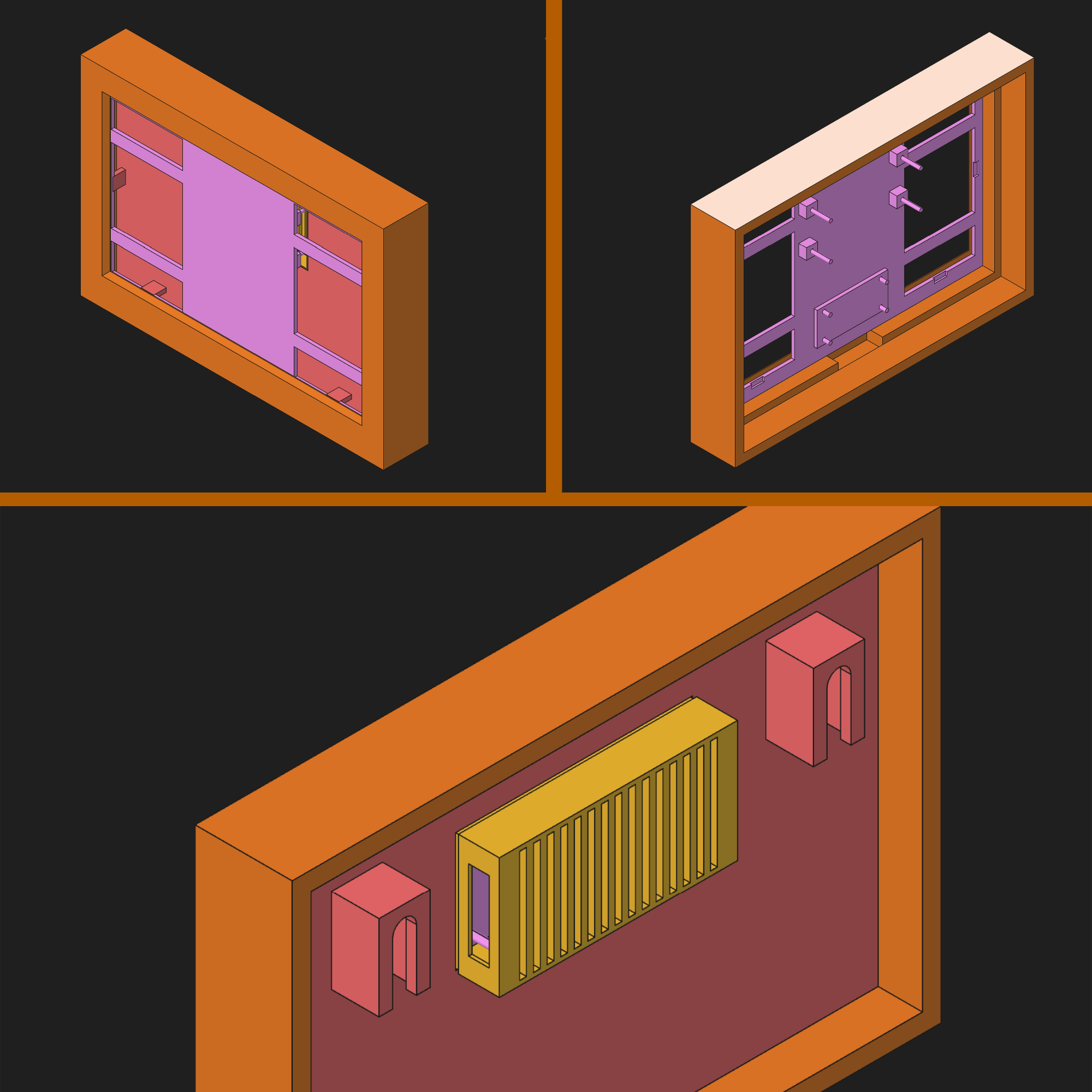 CAD model of the custom Waveshare e-ink display frame showing the enclosure and electronics support features.